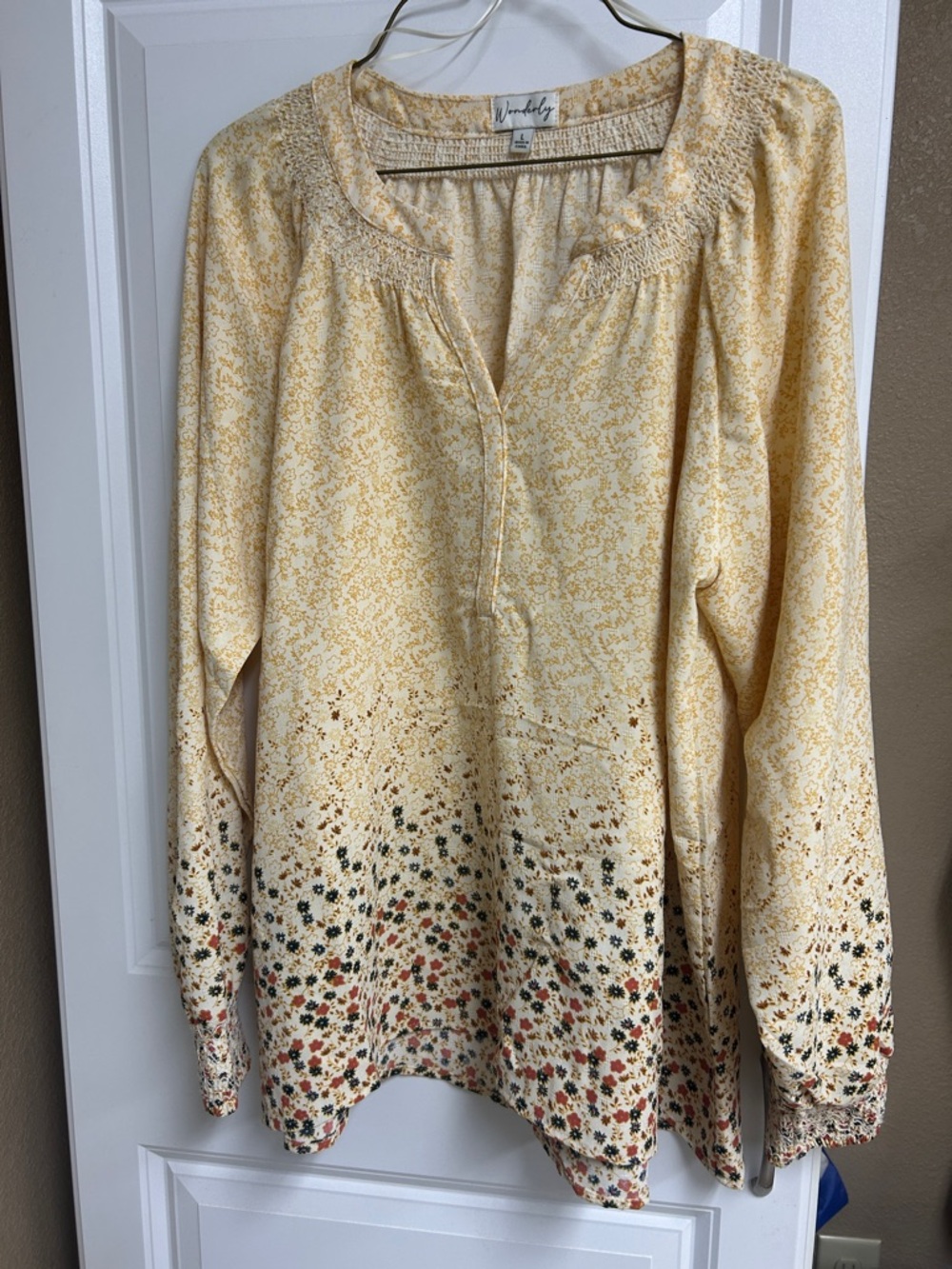 Wonderly Cream and Yellow Floral Border Peasant Top